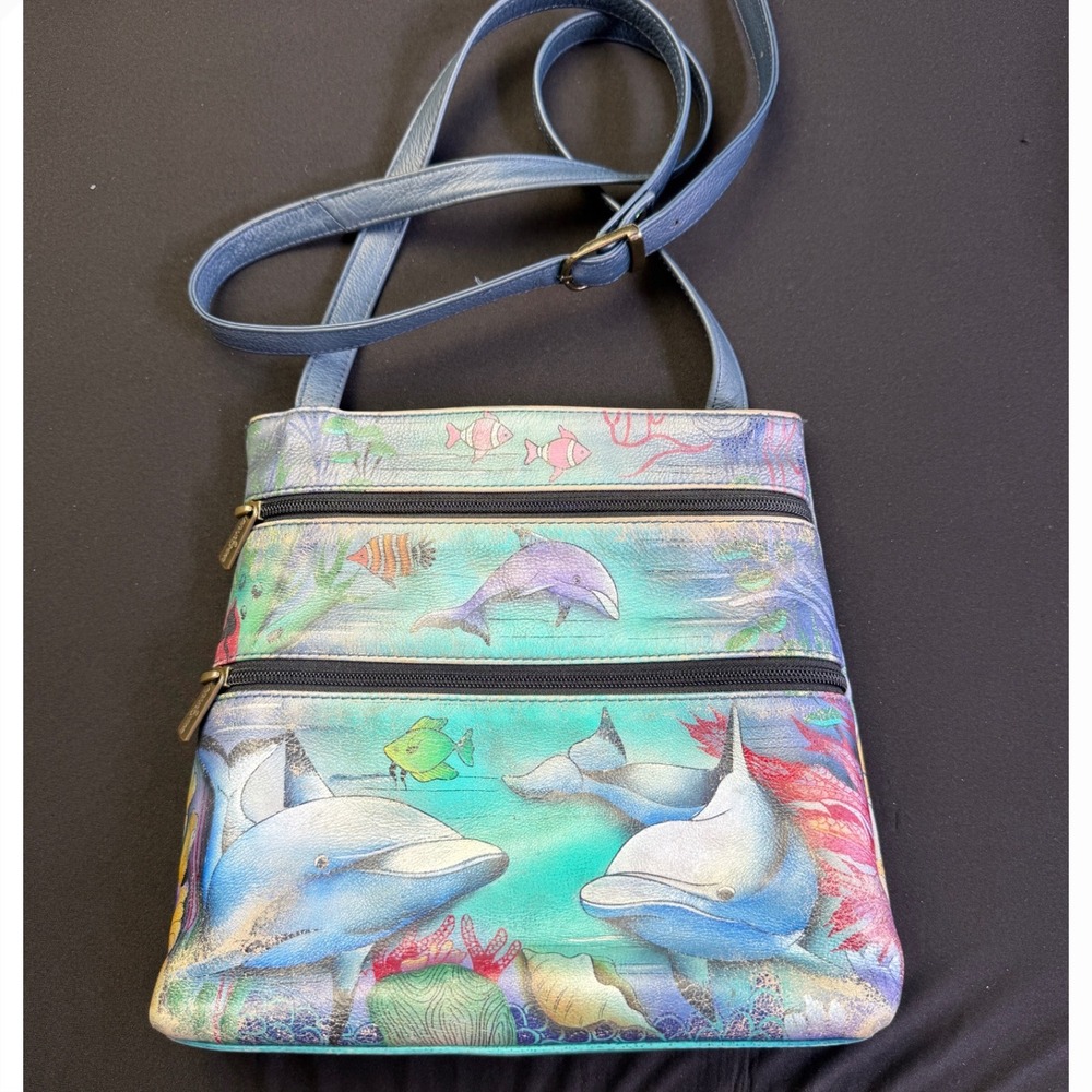 Anuschka Hand Painted Leather Dolphin Crossbody Bag Blue Ocean Fish Multi Pocket